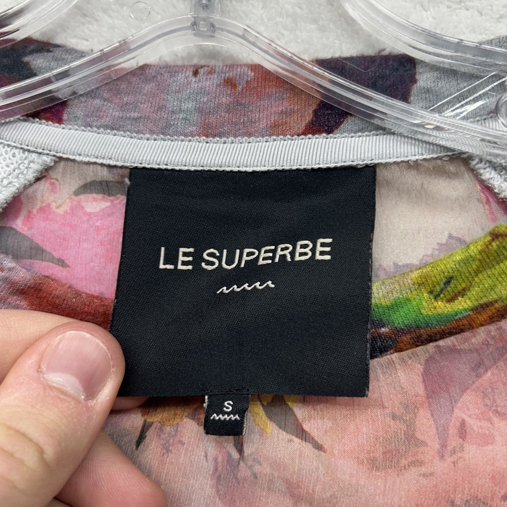 Le Superbe Womens Size S Gray Sheer Floral Crew Pullover Sweatshirt (T7) - Picture 3 of 5